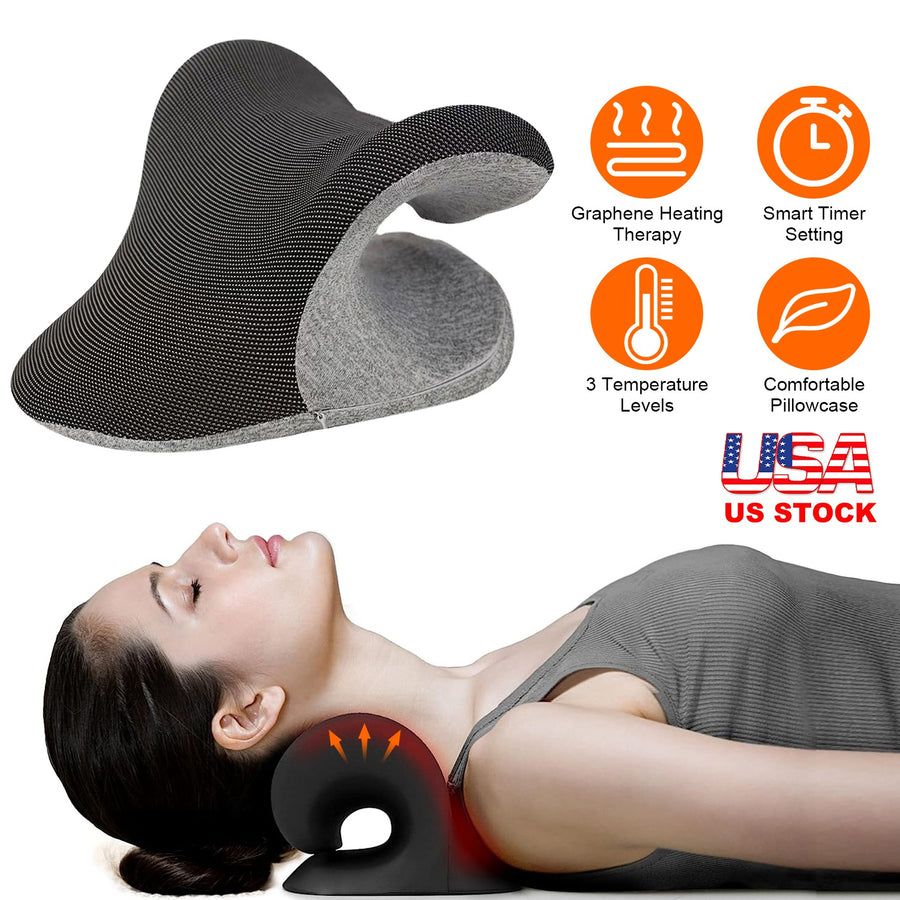 Ergonomic Heated Neck Stretcher Cervical Traction Therapy Pillow with Graphene Heating Pad 3 Gear Temperature Smart Timer Setting USB Plug