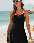 Black Sporty Ribbed Spaghetti Straps One Piece Swimdress