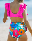 Rose V Neck Ruffles Floral Print High Waist Two Piece Swimsuit