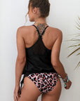 Black Sexy Leopard Colorblock Spaghetti Blouson Tankini Set