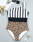 Leopard Striped Colorblock Asymmetrical Sleeveless One Piece Swimsuit