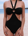 Black Sexy O Ring Ruched Bust Halter Monokini