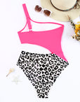 Rose Leopard Patchwork Asymmetric One Piece Swimsuit