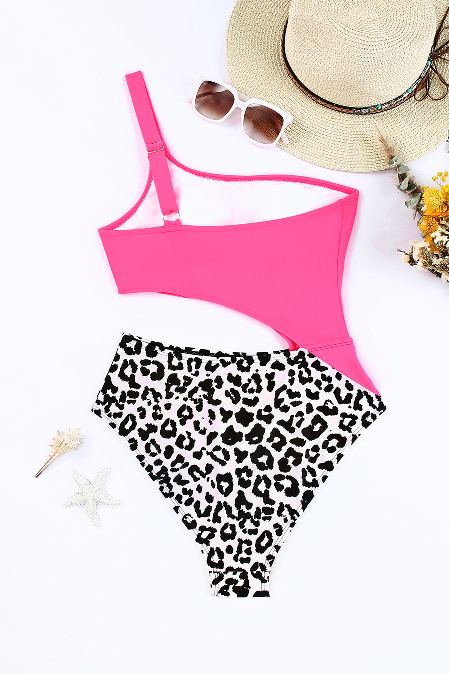 Rose Leopard Patchwork Asymmetric One Piece Swimsuit