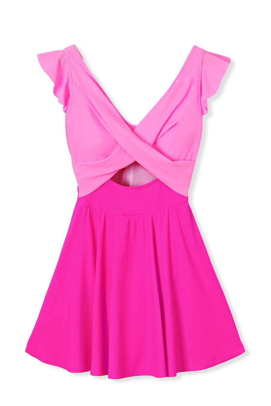 Bright Pink Cut Out Ruffle Crossed One Piece Swimdress