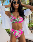 Women Swimsuit Rose Tropical Scoop Neck Ribbed High Waist Bikini Set Two Piece High Waisted Print Bathing Suit