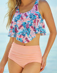 Pink Print Crop Ruffled Overlay High Waisted Tankini