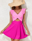 Bright Pink Cut Out Ruffle Crossed One Piece Swimdress