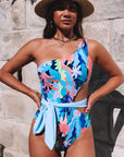 Light Blue Sexy Asymmetric Cutout Belted One Piece Swimsuit