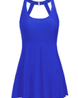 Blue Strappy Halterneck Skirt Style One Piece Swimsuit