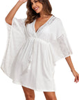 White Lace Patch Kimono Sleeve Tassel Drawstring Beach Cover Up