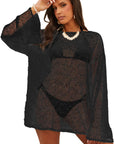 Black Pompom Mesh Long Sleeve Side Split Beach Cover Up