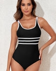 Black Contrast Trim U Neck Adjustable Strap One Piece Swimwear