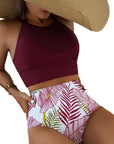 Brown Tropical Print Back Split Color Block High Waisted Swimsuit