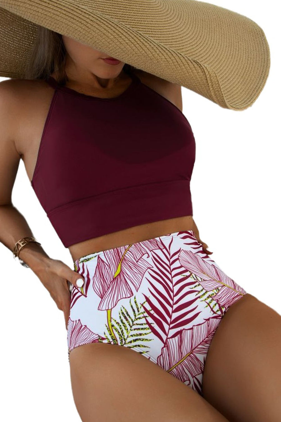 Brown Tropical Print Back Split Color Block High Waisted Swimsuit