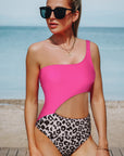 Rose Leopard Patchwork Asymmetric One Piece Swimsuit