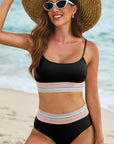 Black Striped Patchwork Spaghetti Strap High Waist Bikini Set