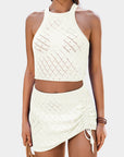 White Hollowed Crochet Cropped Two Piece Beach Cover Up