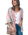 Multicolor Floral Print Boho Bell Sleeve Open Front Cover Up