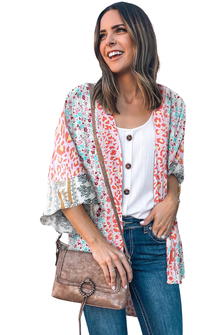 Multicolor Floral Print Boho Bell Sleeve Open Front Cover Up