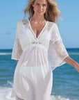 White Lace Patch Kimono Sleeve Tassel Drawstring Beach Cover Up