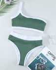 Green Ribbed One Shoulder High Waisted Bikini Swimsuit